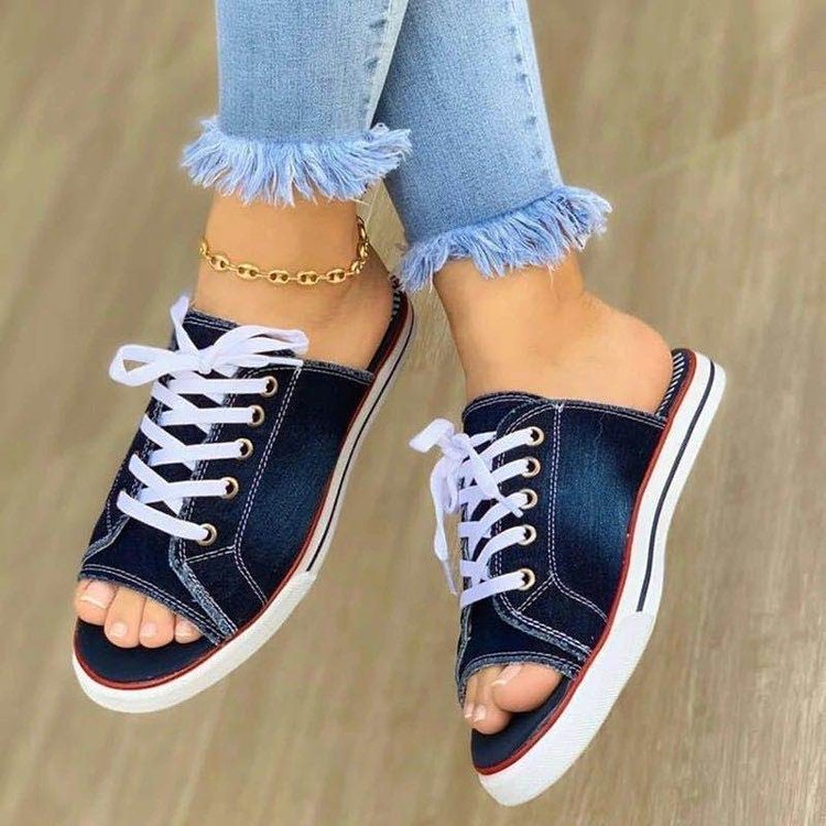 Dame fritidssandaler i denim-stil med fashionable snøredetaljer Stilla
