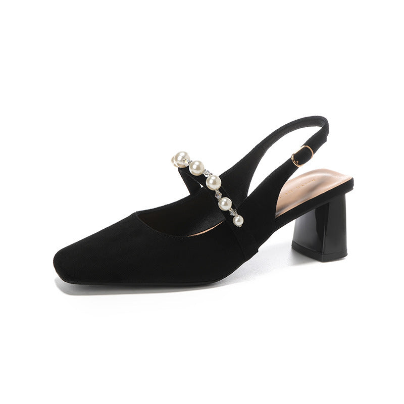 Dame Slingback Pumper med kvadratisk tåparti og blokhæl med elegant perledetalje Stilla