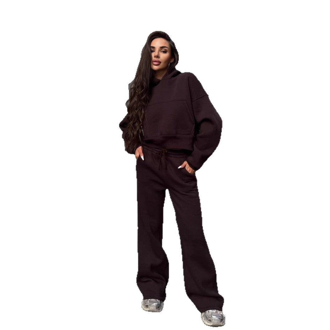 Kvinder casual cropped hoodie og bredsnit joggers sæt Skovae