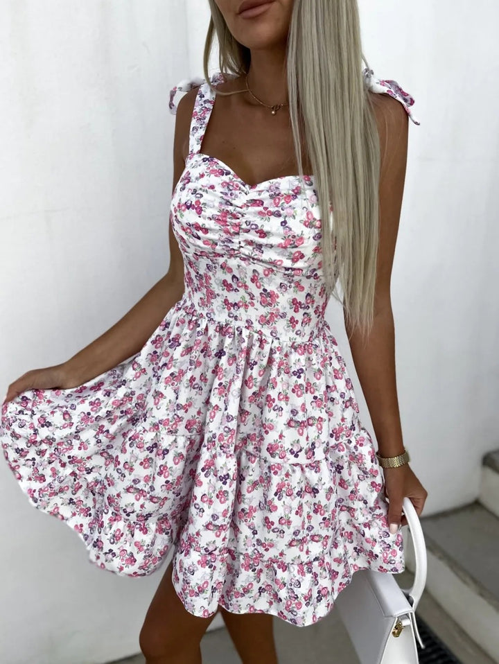 Dame Floral A-line Mini Kjole med Volang Kant Stilla