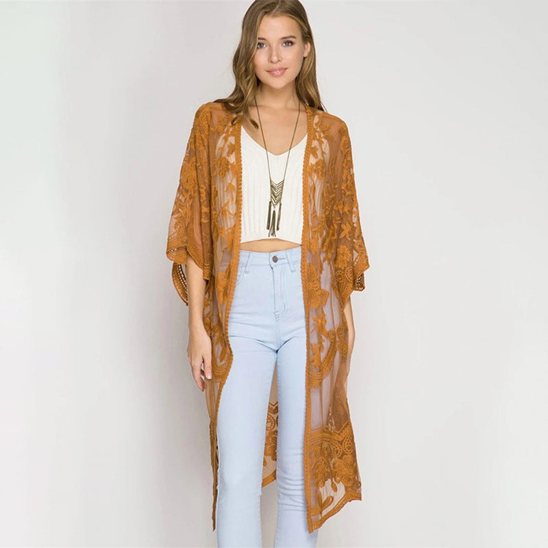 Dame Elegant Hækle-Kimono med florale Detaljer Stilla