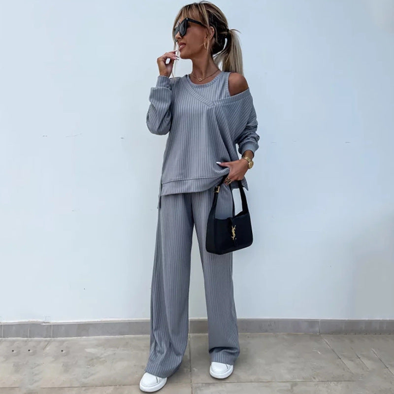 Kvinders afslappede lounge sæt med off-the-shoulder top og brede bukser