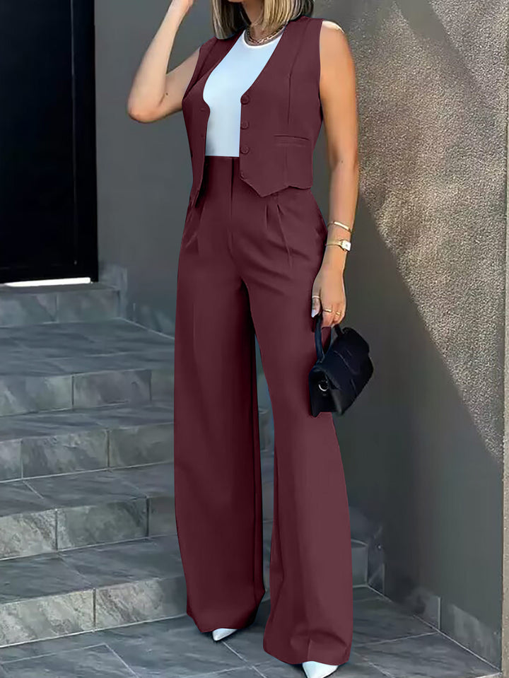 Dame Elegant Sæt med tætsiddende blazer og vidde bukseben Stilla