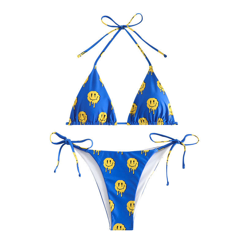 Dame triangel-bikini med glad smiley-mønster og justerbare bindebånd Skovae