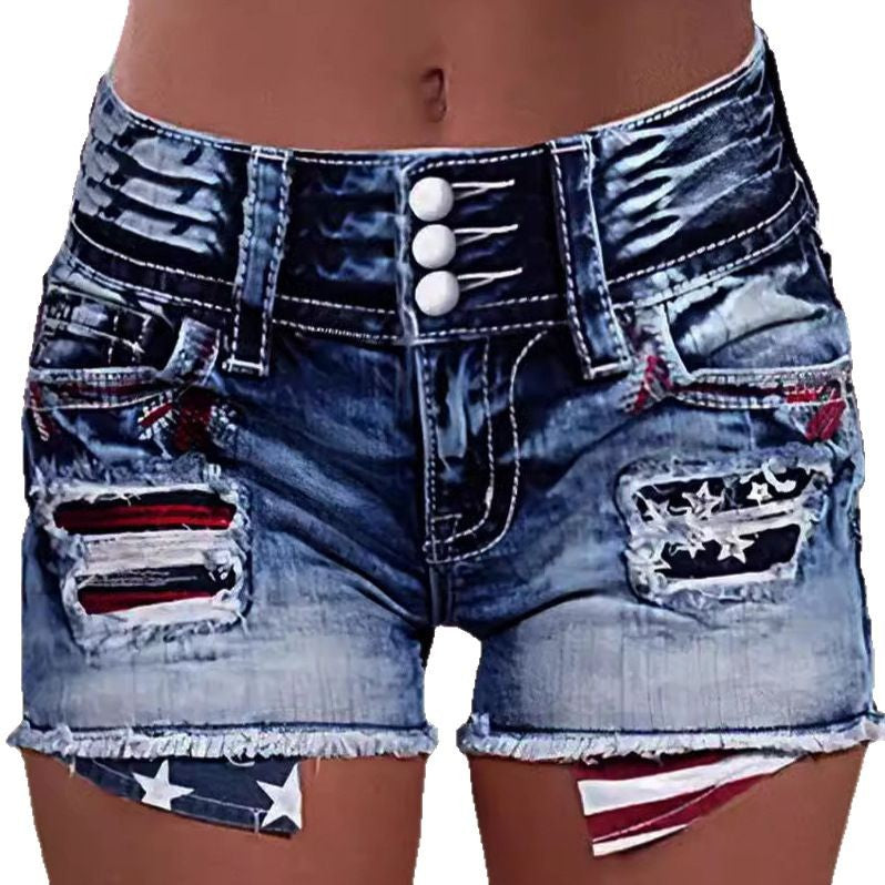 Dame cargo shorts med stilfulde riv detaljer og patriotiske applikationer Skovae