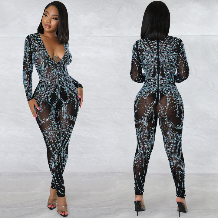 Dame elegant jumpsuit med strassdekorationer og dyb udskæring Stilla