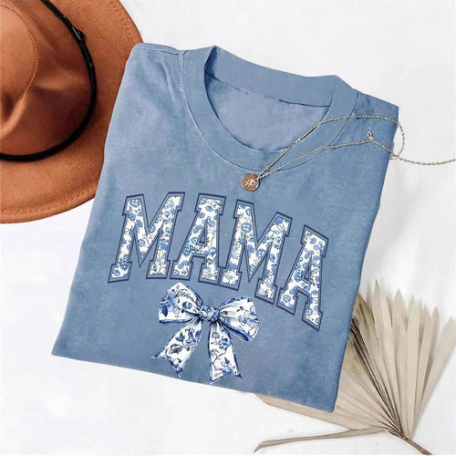 Dame T-shirt med blomster motiv og legende sløjfe dekoration Stilla