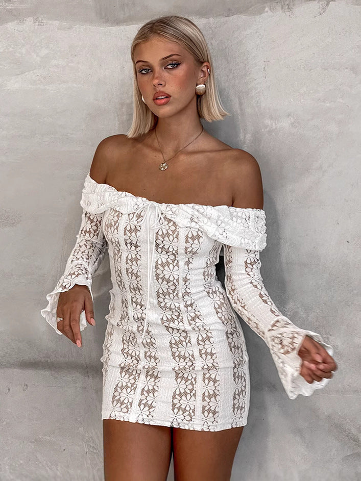 Dame Off-Shoulder Kjole med gennembrudt blonde og afslappede ærmer Stilla