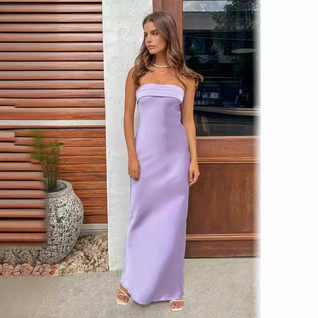 Dame Elegant Maxi Kjole med Slank Elastik og Stropfri Design Skovae