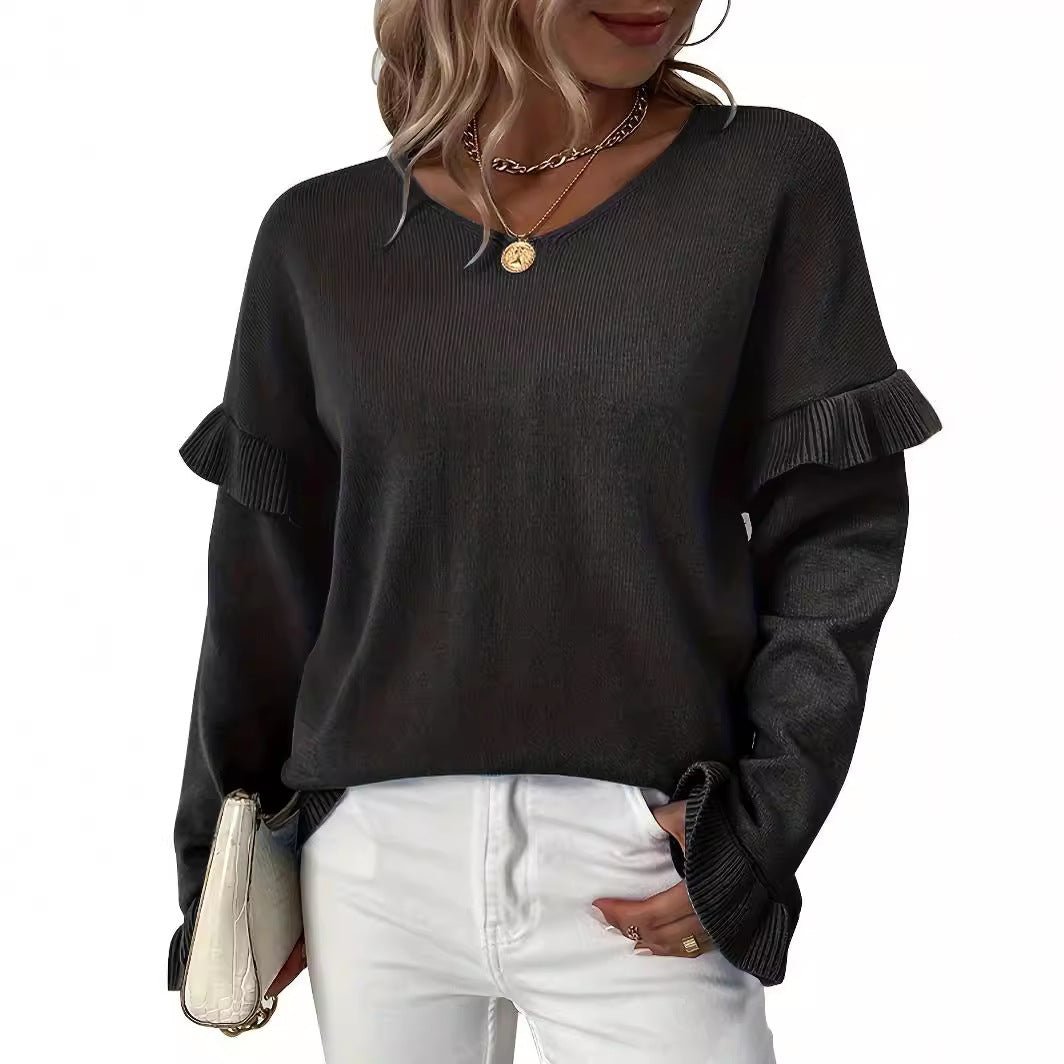 Dame sweater med flæsedetaljer og V-hals Stilla