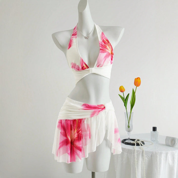 Dame blomstermønster bikini-sæt med elegant nederdel Skovae