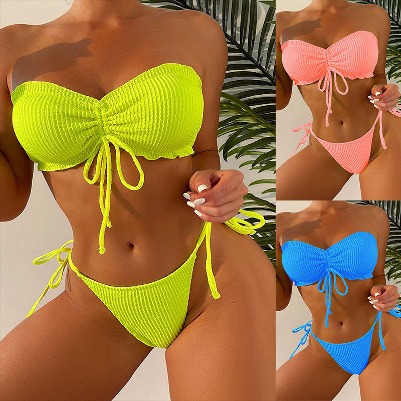 Dame Bikini-sæt med rynket bandeau-top og legesygt knude-design Stilla