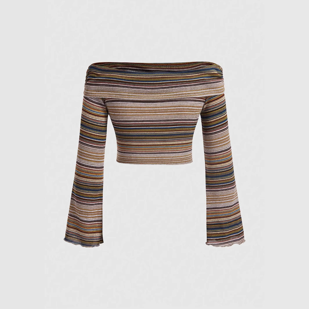 Dame Off-Shoulder Langærmet top med unikt stribemønster og dekorativt solmotiv Stilla