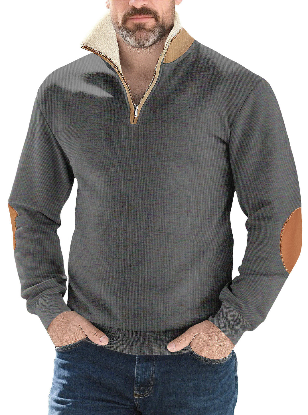 Herrer nan Strukturstrik-halv-zip-pullover med varmende Sherpa-krave og velour-ellenbog-applikation Skovae