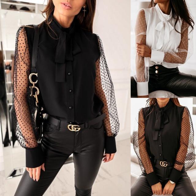 Dame Elegant Bluse med transparente ærmer og bue-detalje Stilla