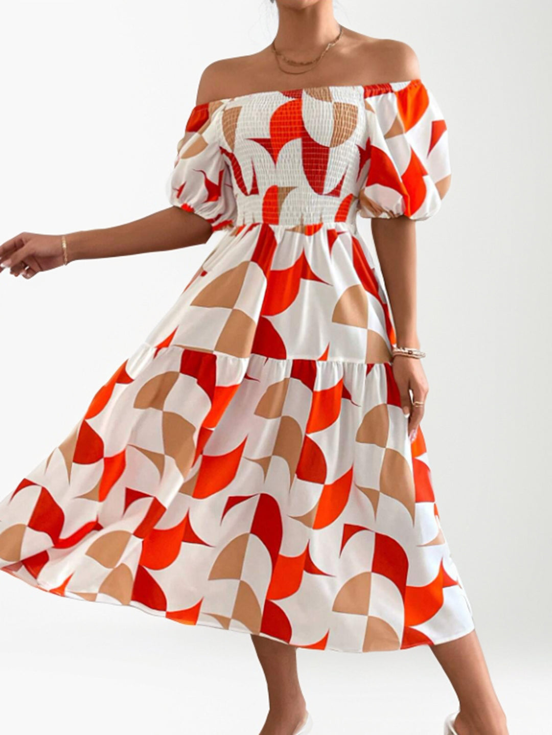 Dame Off-Shoulder Maxikjole med ballonformede ærmer og geometrisk mønster Stilla