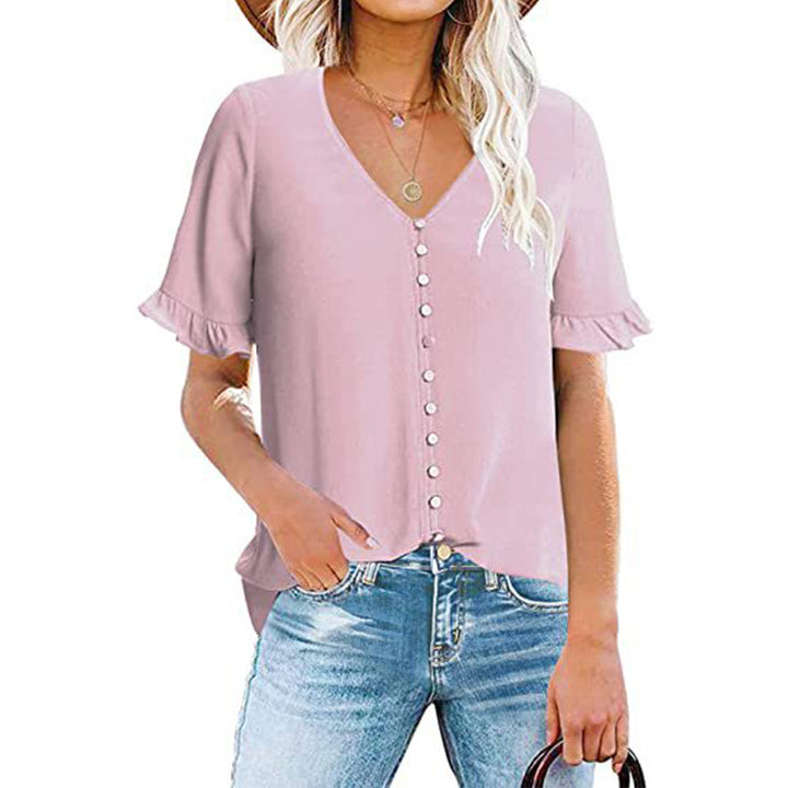 Damebluse med flæseærmer og stilrene knapper Stilla
