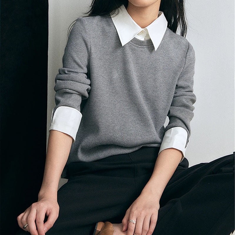 Dame elegant pullover med integreret skjortekrave Stilla