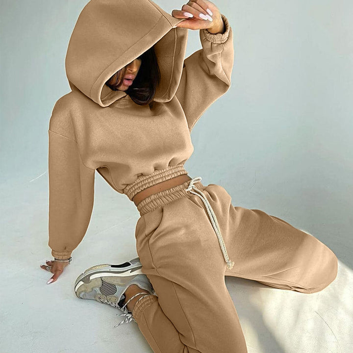 Kvinders Casual Sweat Loungewear Sæt med Croppet Hoodie og Behagelige Bukser Skovae