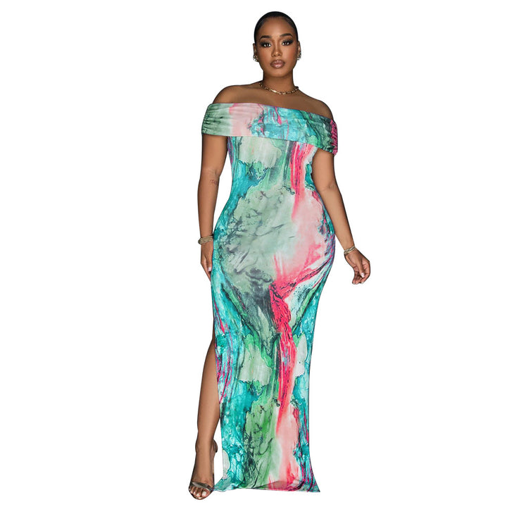 Dame Off-Shoulder Maxi-Kjole med Kunstmotiv Stilla