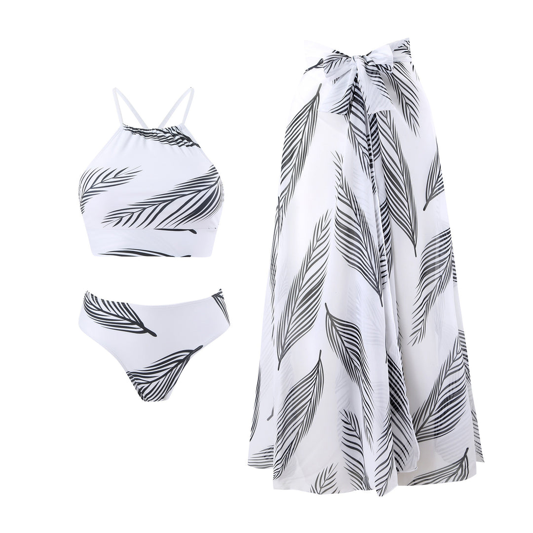 Dame bikini-sæt med stilfuld indpakningsnederdel og trendy bladdesign Stilla