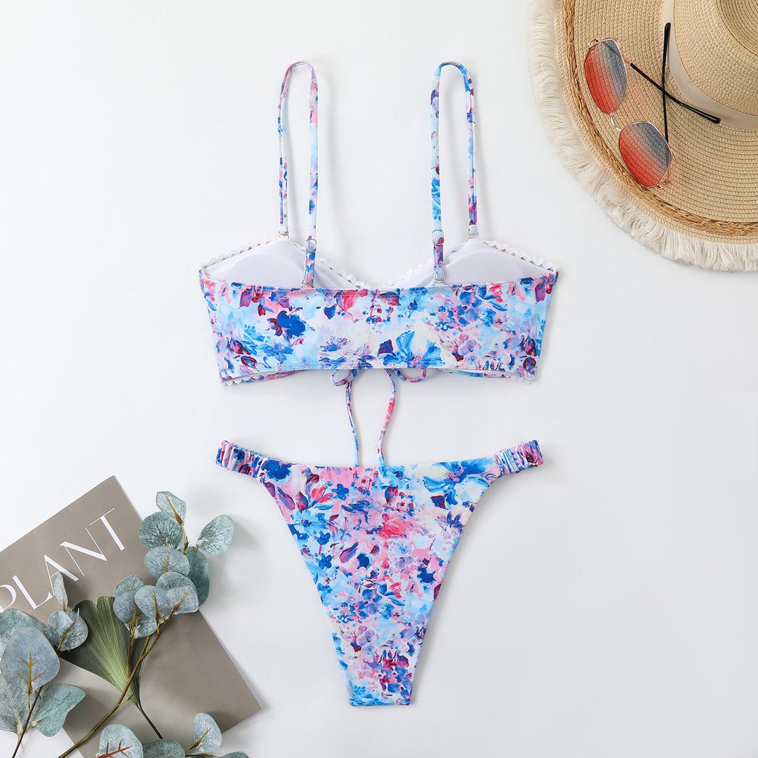 Dame-Bikini-sæt med rynkning og romantisk blomsterdesign Skovae