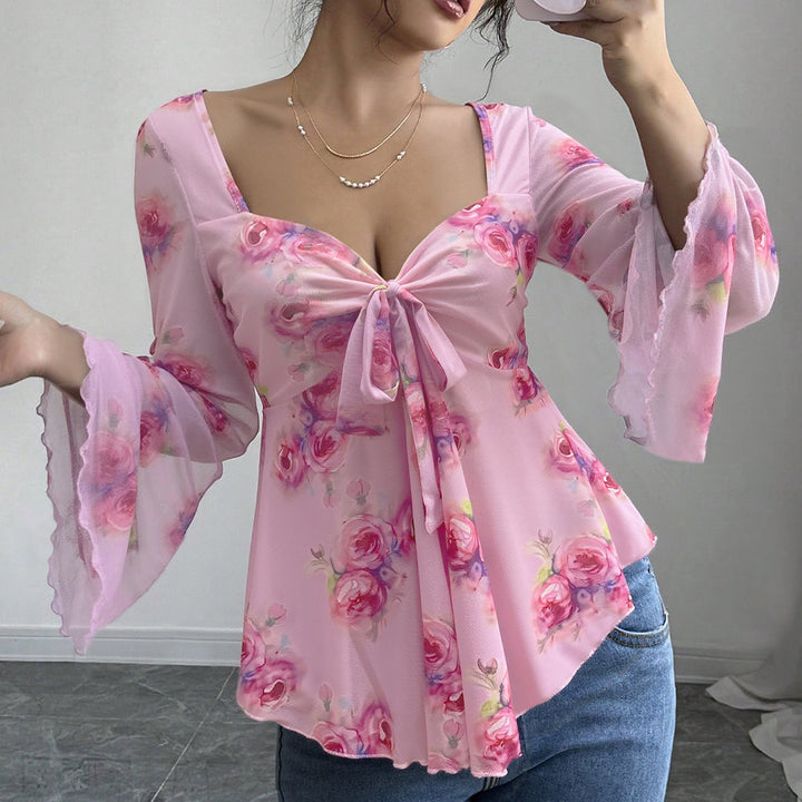 Kvinders flydende bluse skjorte med blomsterdesign og legende knude Stilla