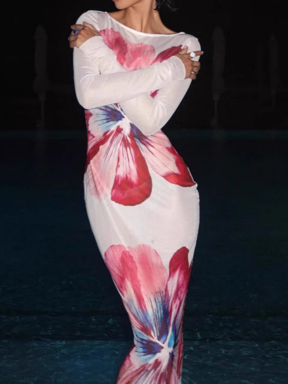 Femme Elegant Floral Langærmet Midi Kjole Stilla