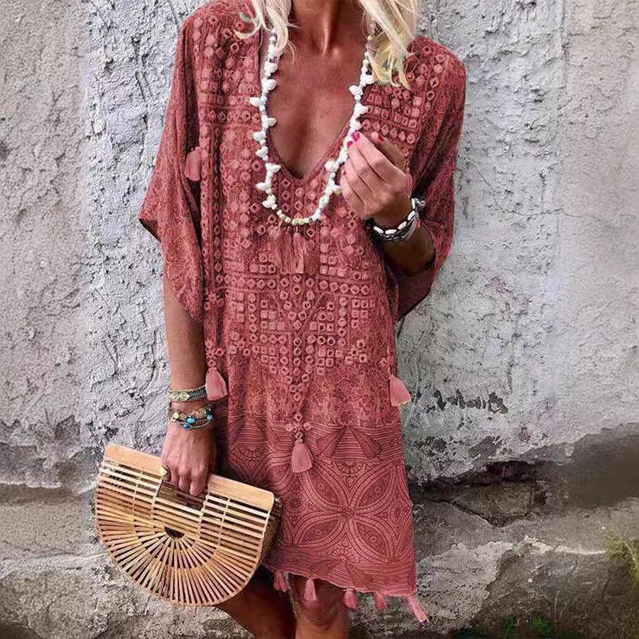 Dame Boho-Chic Kaftan med V-Udskæring og Kvist-Detaljer Stilla