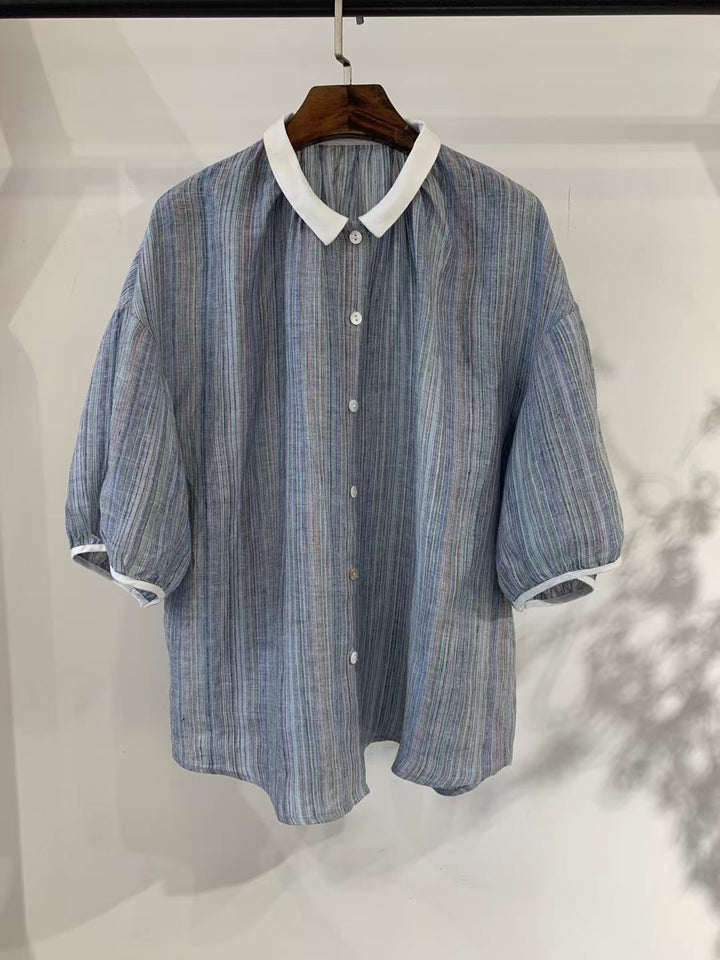 Dame Fritid Korte Ærmer Stribet Button-Up Skjorte Stilla