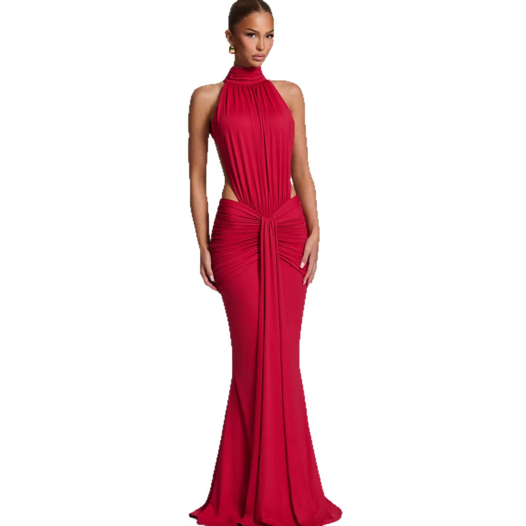 Dame Elegant Maxi Kjole med Stilfuld Halterneck Design og Sofistikeret Draperingselement Skovae