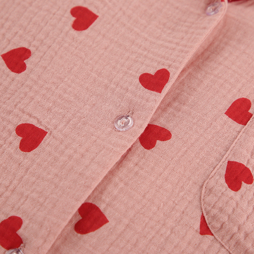 Dame pajamasæt med hjerteprint og elegant knude bluse Stilla