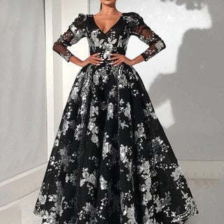 Dame Elegant aftenkjole med blomster spids aksenter og voluminøs skørt Stilla
