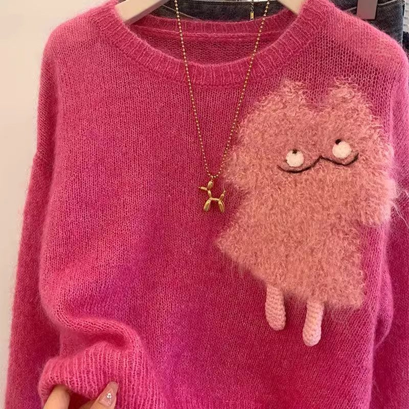 Dame hyggelig sweater med cartoon-applikation og blødt materiale Stilla