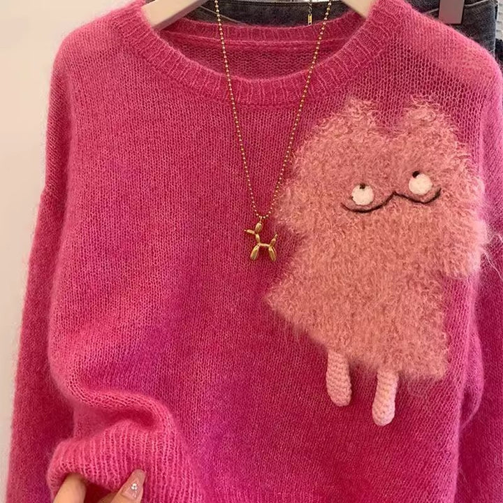 Dame hyggelig sweater med cartoon-applikation og blødt materiale Stilla
