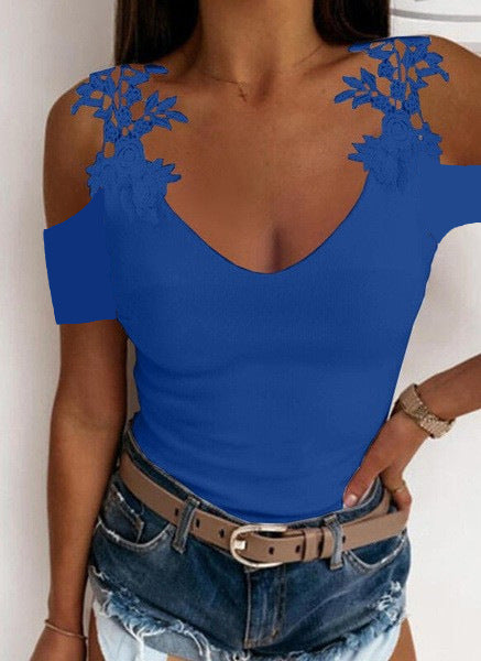 Dame Cold Shoulder Blomster Dekoreret V-Udskæring Top Stilla