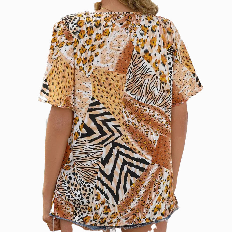 Dame kortærmet blusenshirt med kreativt dyremønster og V-udskæring Stilla