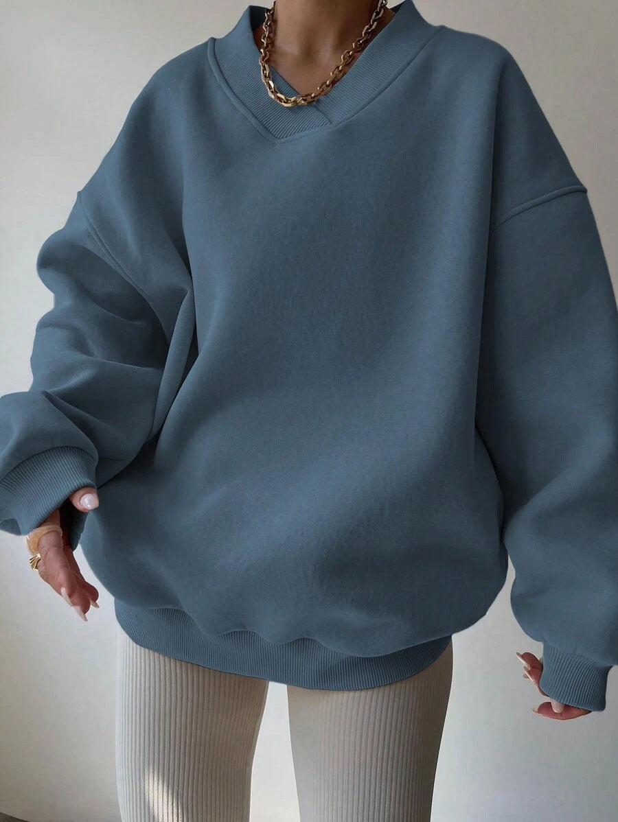 Kvinder Oversized Sweatshirt med V-hals og brede ærmekanter Skovae