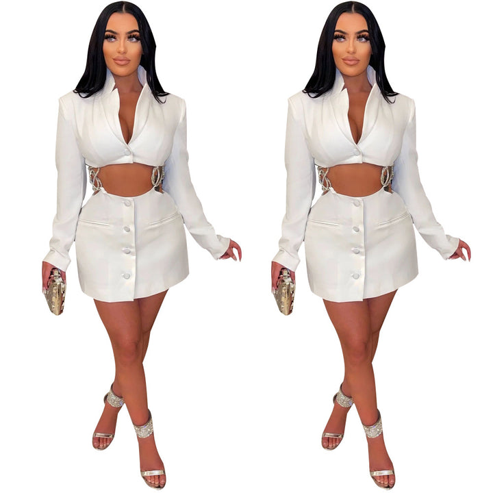 Dame Cropped Blazer-Jakke med figursyet Mini-Nederdel og taljeret Silhuet Stilla