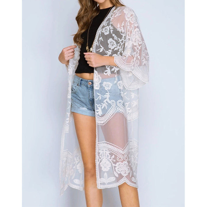 Dame luftig Crochet-Kimono med blomsterdetaljer Stilla