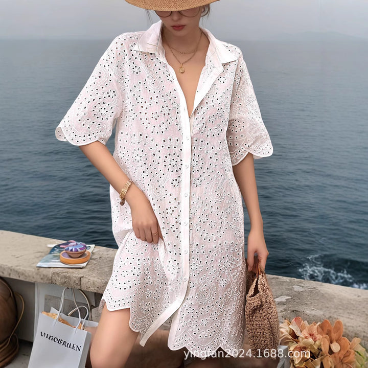 Dame Broderie Anglaise Strand Overgangs-Shirt Stilla