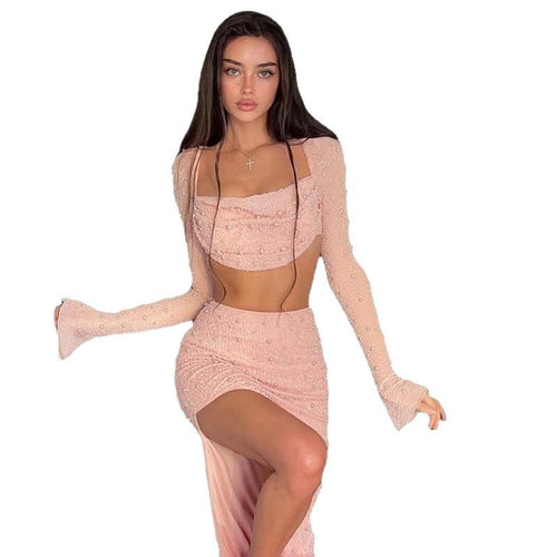 Dame Elegant Crop-top med lange, gennemsigtige ærmer og glitrende accenter Skovae