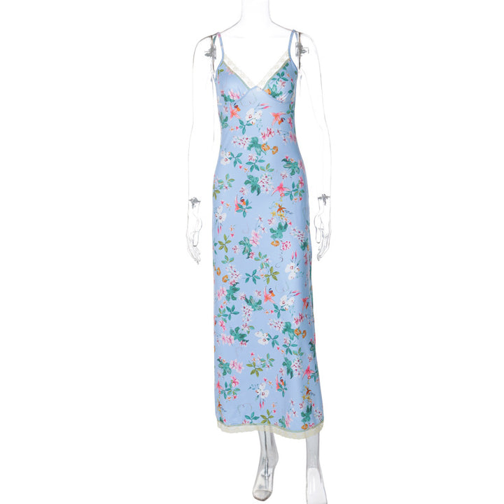 Dame Maxikjole med blomsterdesign og fine spaghetti-stropper Stilla