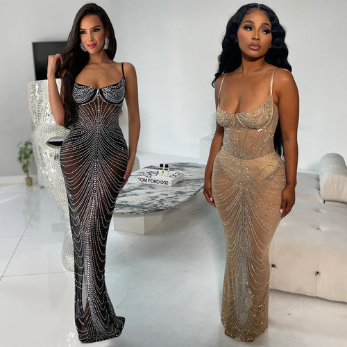 Dame Elegant Rhinestone Besat Aftenkjole med dyb Udsnit og figursyet Snit Stilla