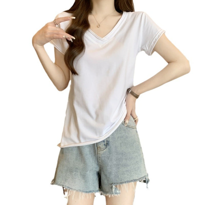 Dame V-hals Kortærmet T-shirt med Soft Touch stof Stilla