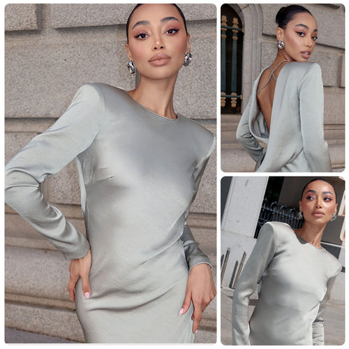 Dame elegante kjole med lange ærmer og skinnende satin top og tætsiddende silhuet Skovae