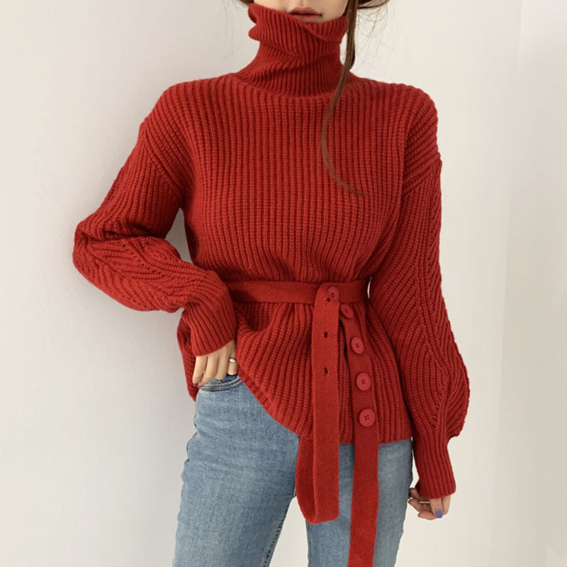 Kvinders chunky strikket sweater med høj krave og bælte i taljen Stilla
