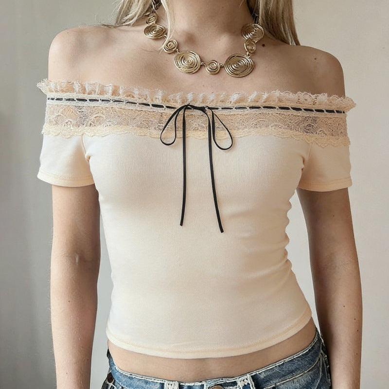Damen Off-Shoulder Oberteil mit Spitzenverzierungen und taillierter Passform Skovae