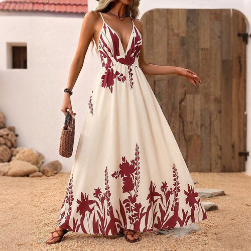 Damen Maxikleid mit tiefem V-Ausschnitt und floraler Applikation Skovae