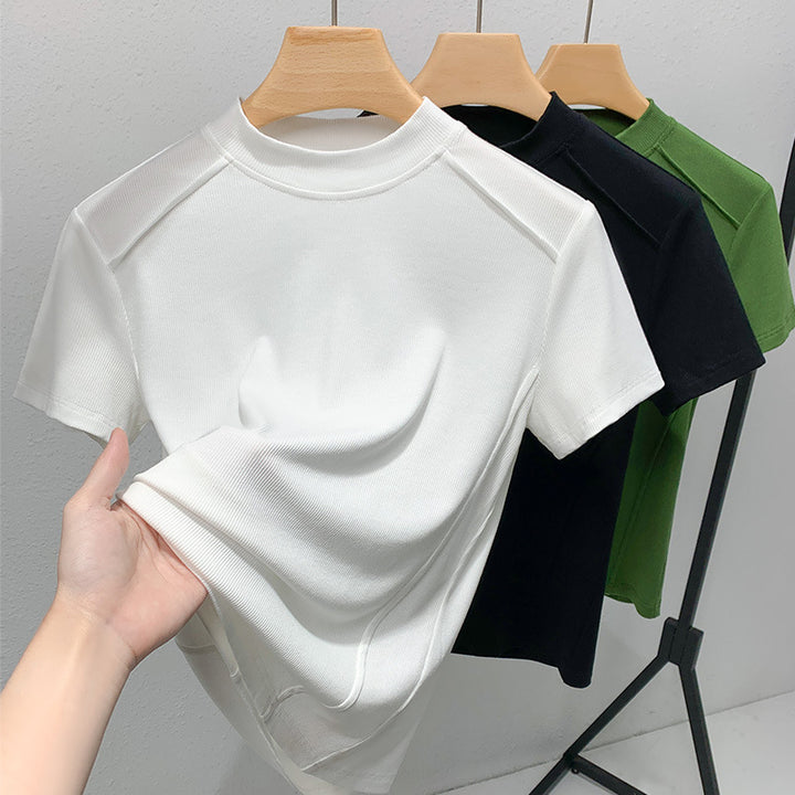 Dame kortærmet T-shirt med høj ståkrave og fin ribstruktur Stilla